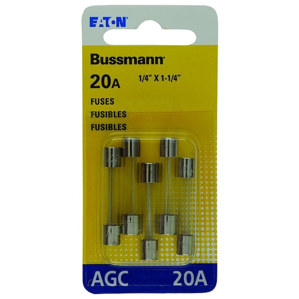 Eaton Bussmann Glass Fuse, AGC Series, Fast-Acting, 20A, 32V AC, 1kA at 32V AC, 5 PK BP/AGC-20-RP - main